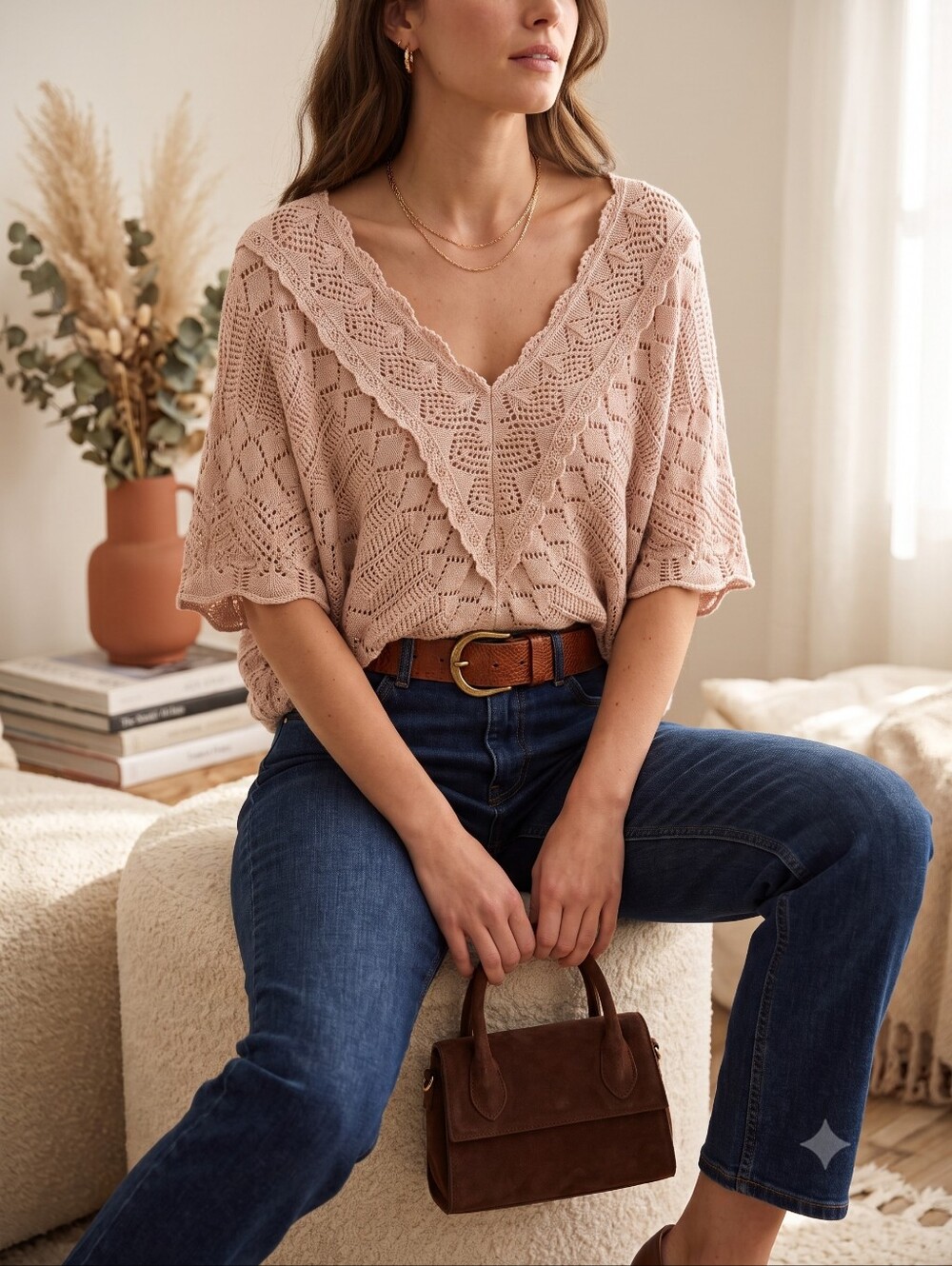 Cream Armily Crochet Lace Batwing Sweater Blush Lurex Shimmer Boho Balletcore